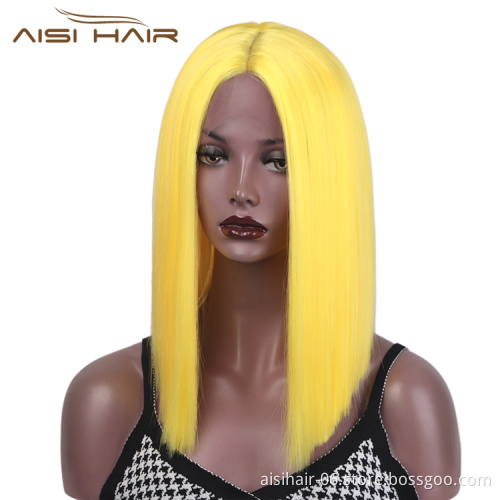 Aisi Hair Medium Long Yellow Wig Cosplay Front Lace Wig Middle Part Straight Silky Synthetic Lace Frontal Hair Wigs For Women